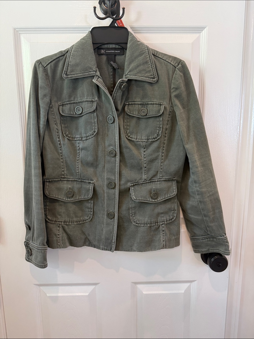 INC International Concepts military-style olive green utility jacket